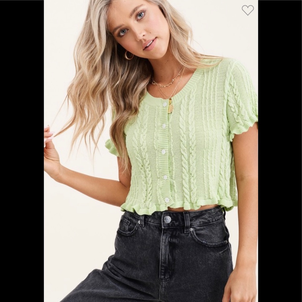 Green cropped short sleeve cardigan